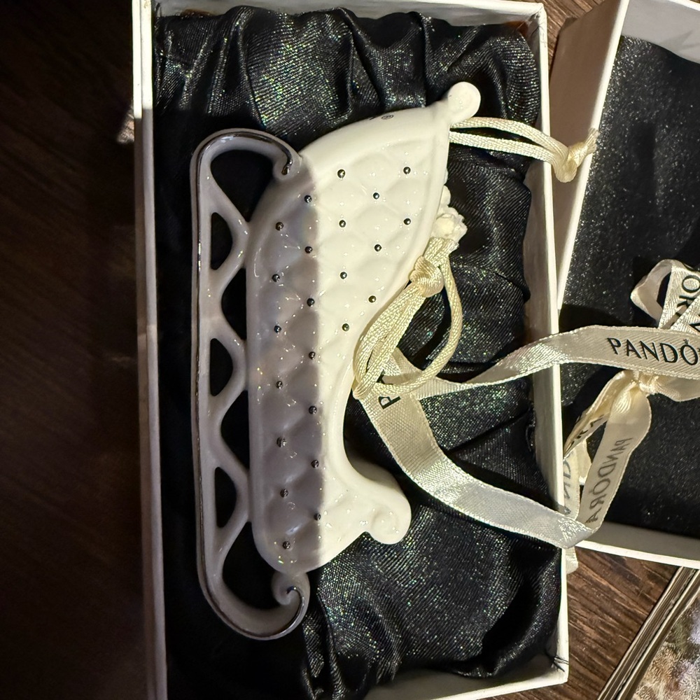 Pandora White Ceramic Ice Skate Ornament with Satin Ribbon